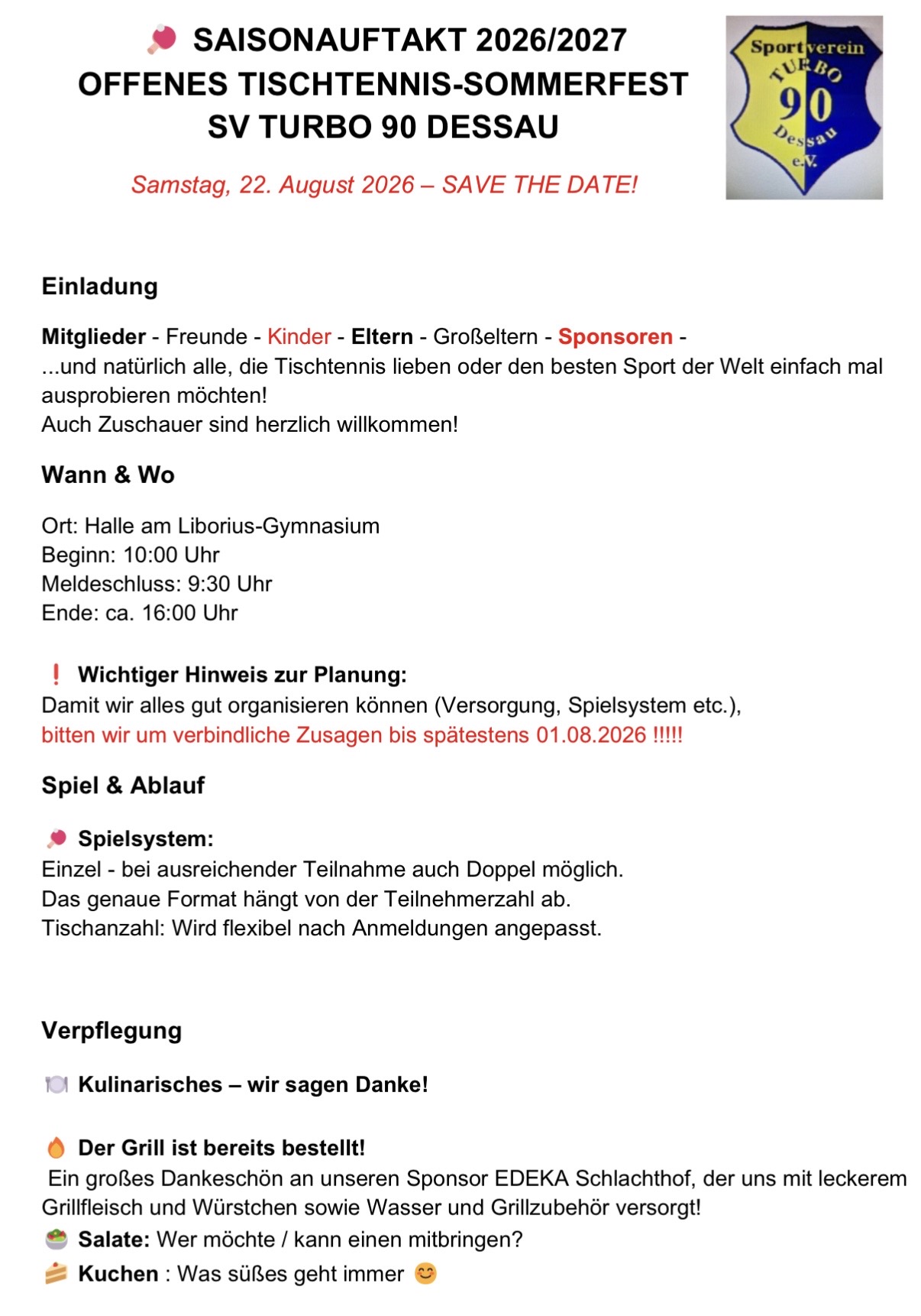 SAISONAUFTAKT 2026/2027 OFFENES TISCHTENNIS-SOMMERFEST SV TURBO 90 DESSAU