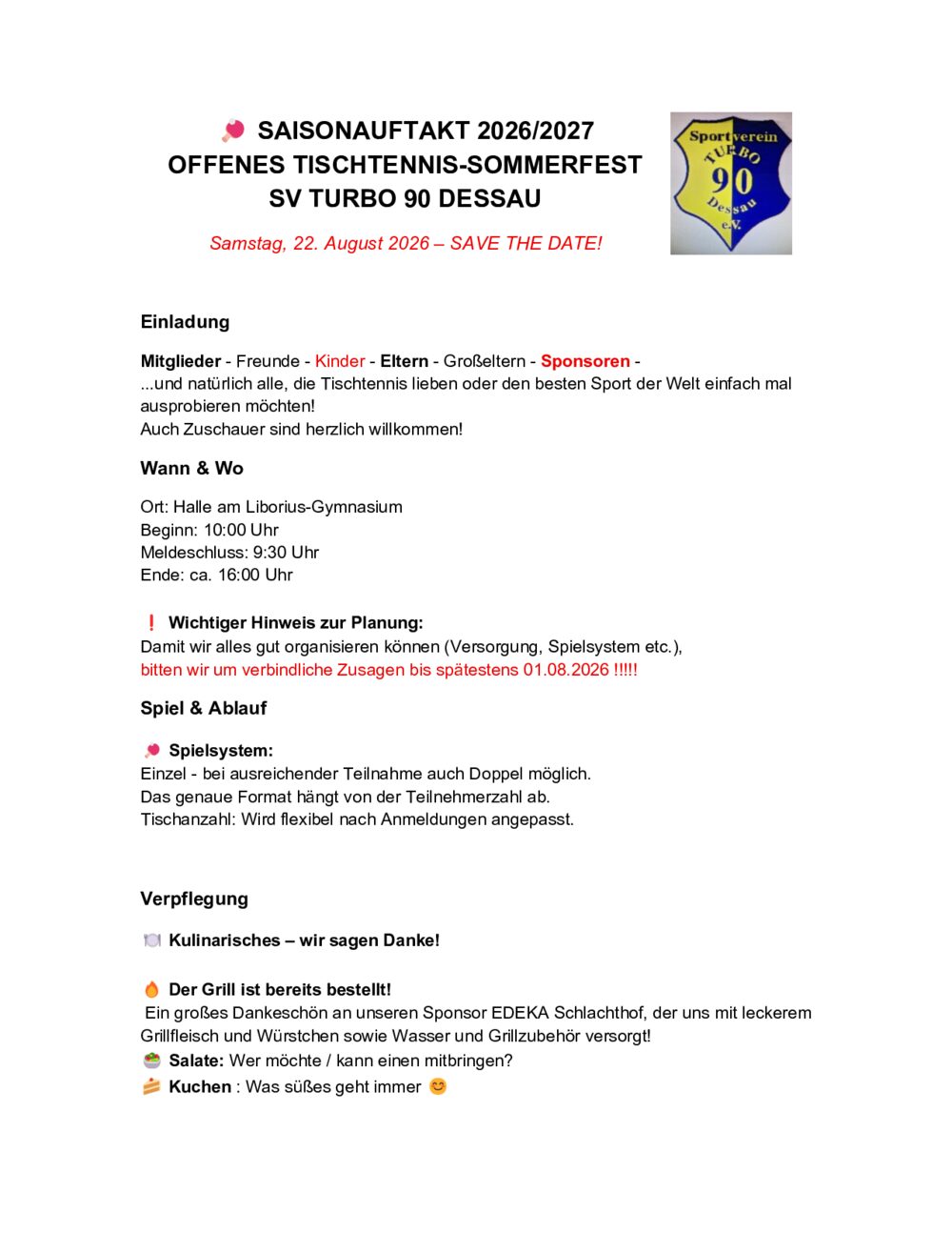 SAISONAUFTAKT 2026/2027 OFFENES TISCHTENNIS-SOMMERFEST SV TURBO 90 DESSAU